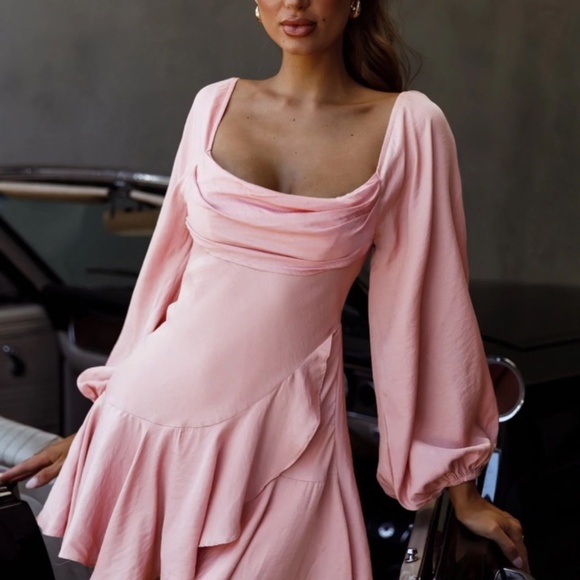 Selfie Leslie Dresses & Skirts - Selfie Leslie Beaujolais Long Sleeve Cowl Neckline Ruffle Satin Mini Dress Blush